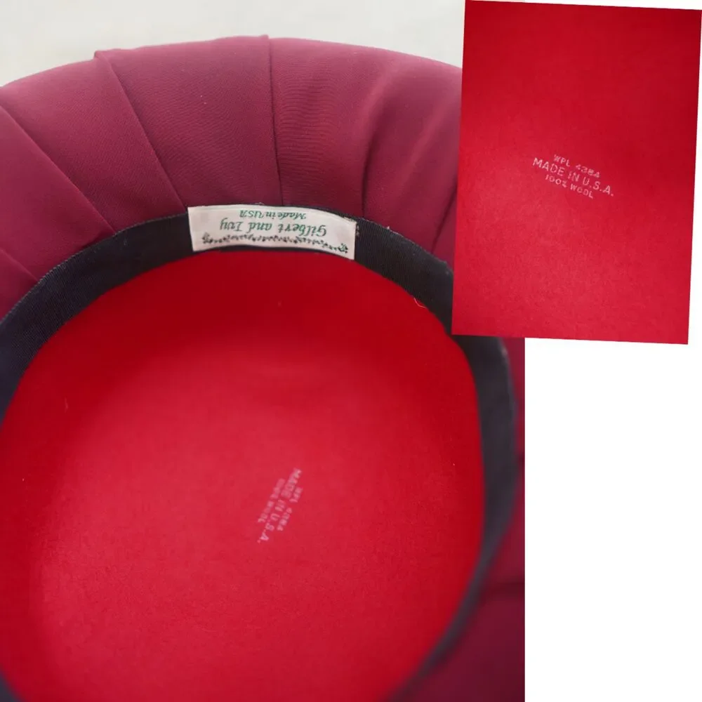 Vintage Gilbert and Ivy Burgundy Wool Feather Pillbox Hat / Fascinator